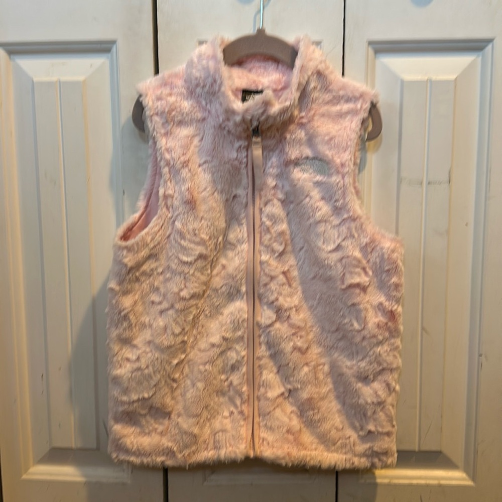 EUC toddler size 6 light pink furry North Face vest